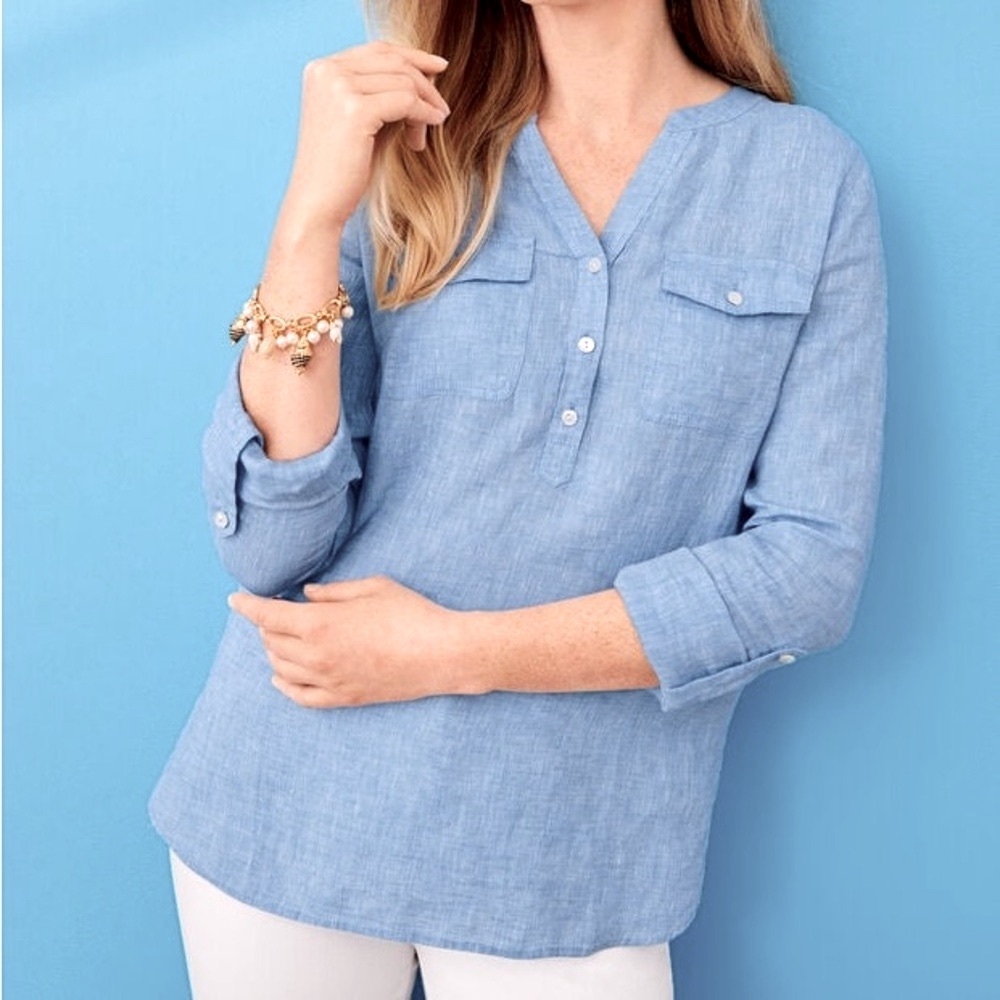 Talbots Chambray Blouse Linen Cotton Button Front Camo Shirt Women’s Size Medium